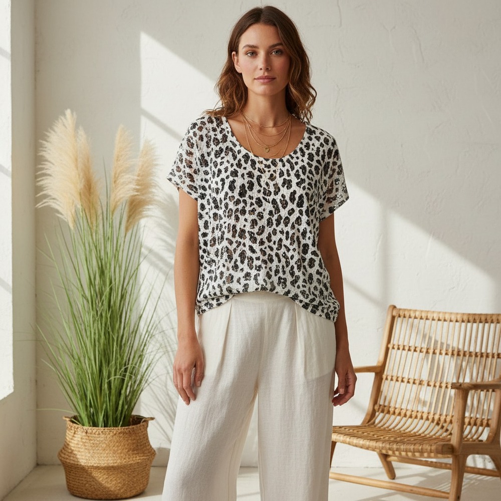 Chico's M 1 Top Cream Black Leopard Animal Eyelet Dolman Boho Chic Office Casual